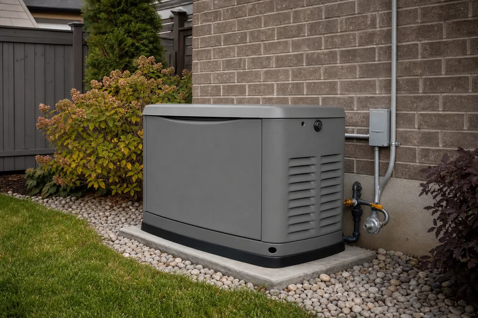 A grey standby generator on a concrete pad beside a brick house