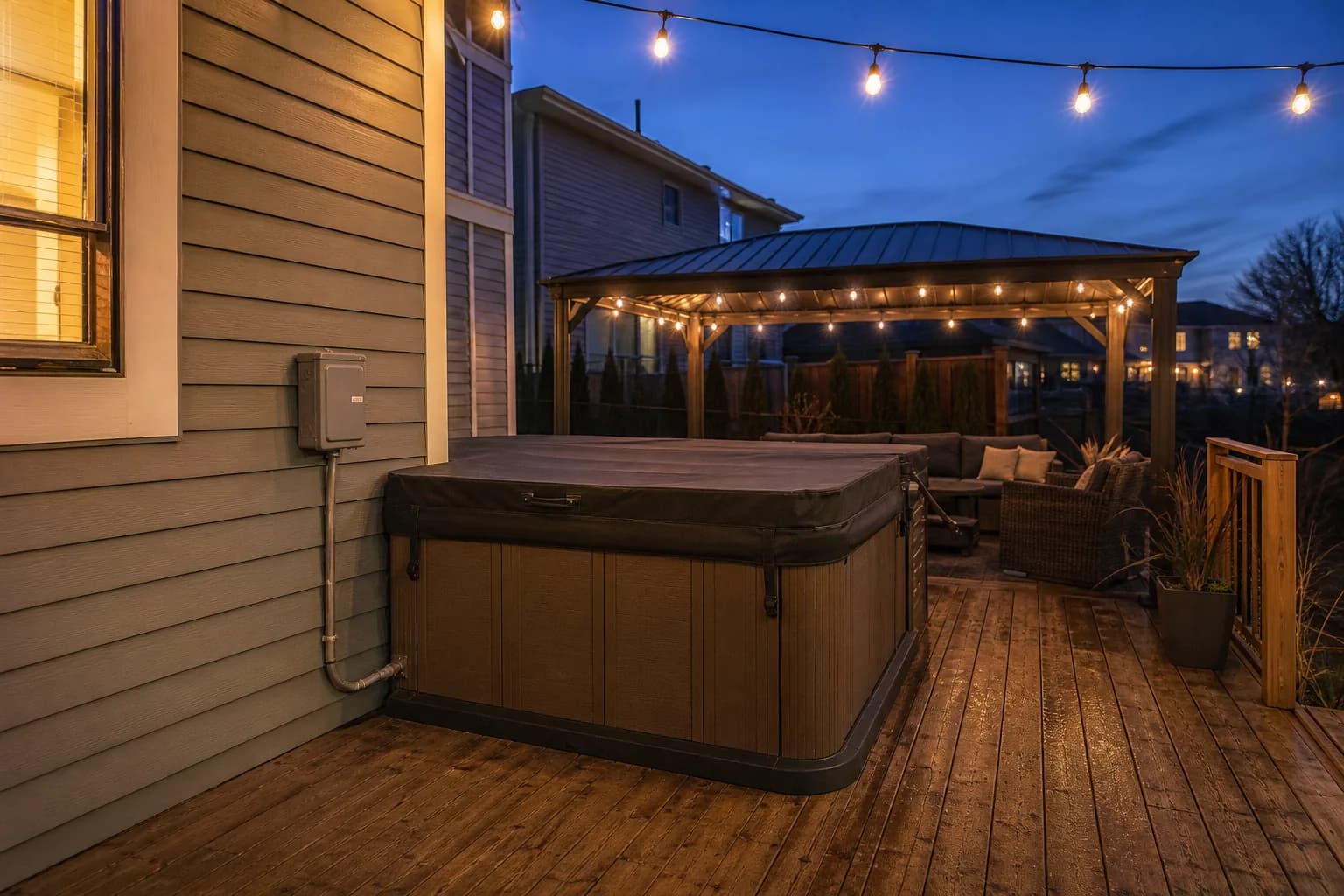 A grey outdoor disconnect box on the house wall wired to a covered hot tub on a backyard deck