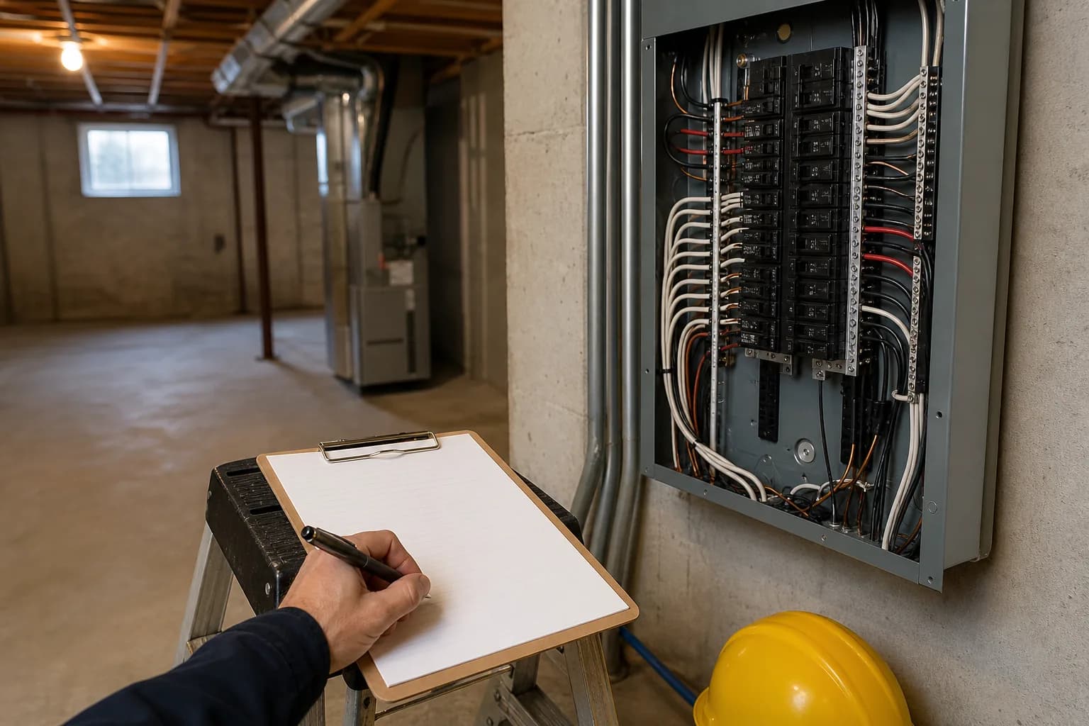 A clipboard and pen on a stool beside an open, neatly wired breaker panel, ready for inspection