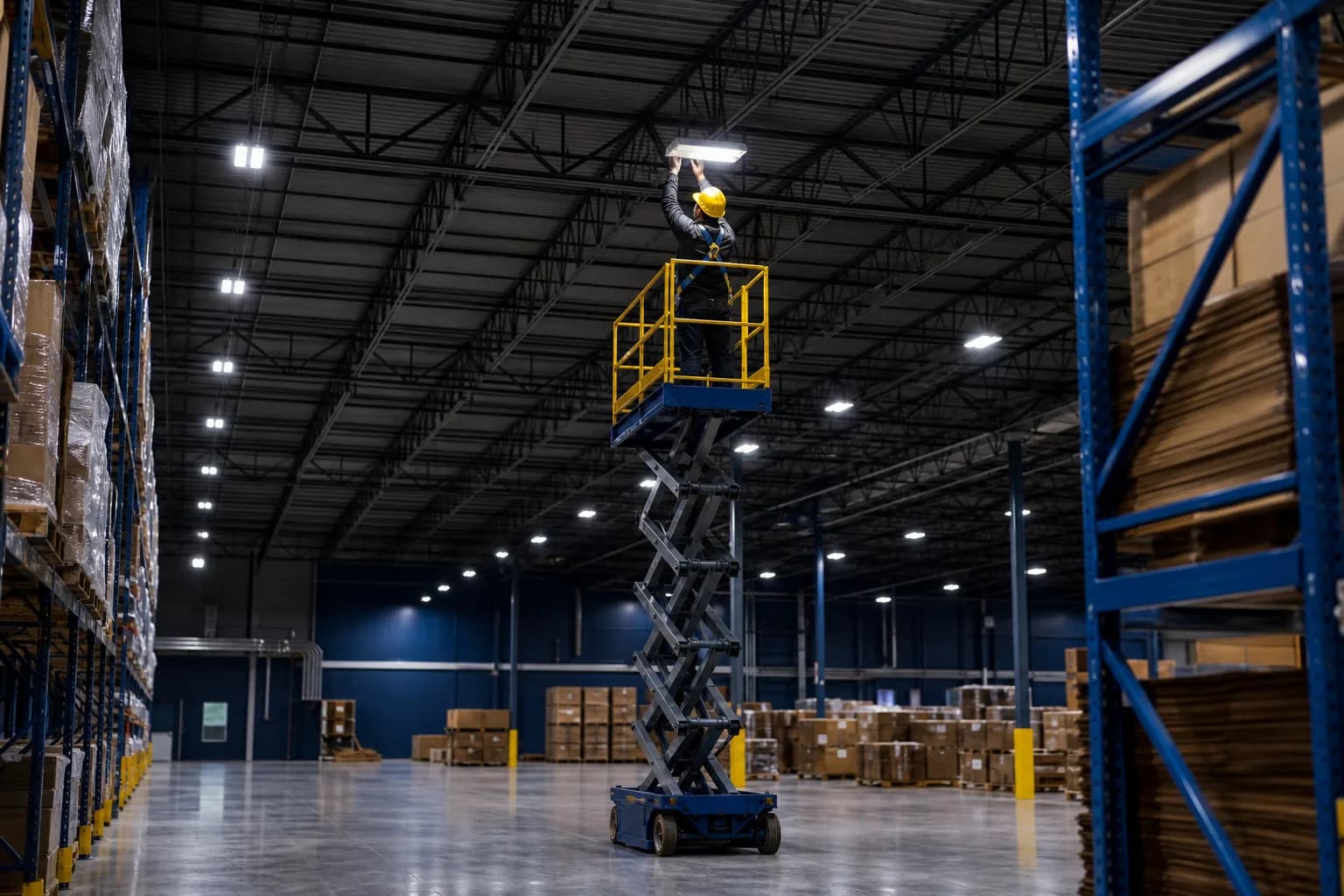 An electrician on a scissor lift installs LED high-bay lights in a warehouse with tall racking