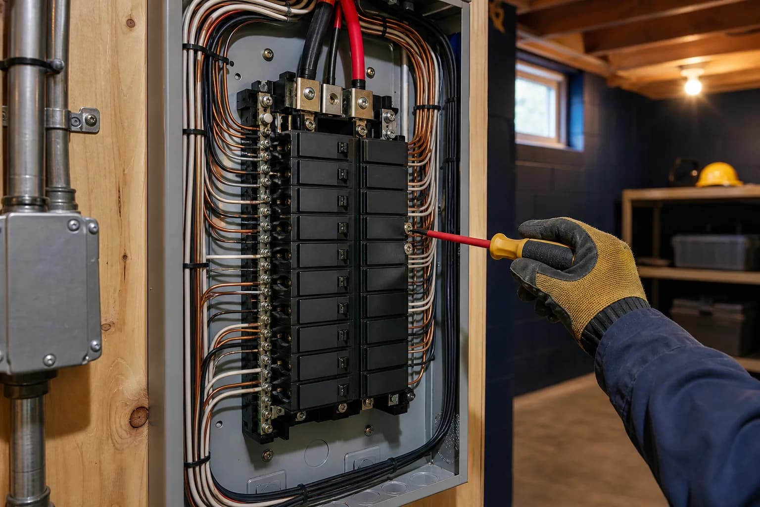 A gloved hand tightens a terminal in a new 200 amp breaker panel with neatly bundled wiring