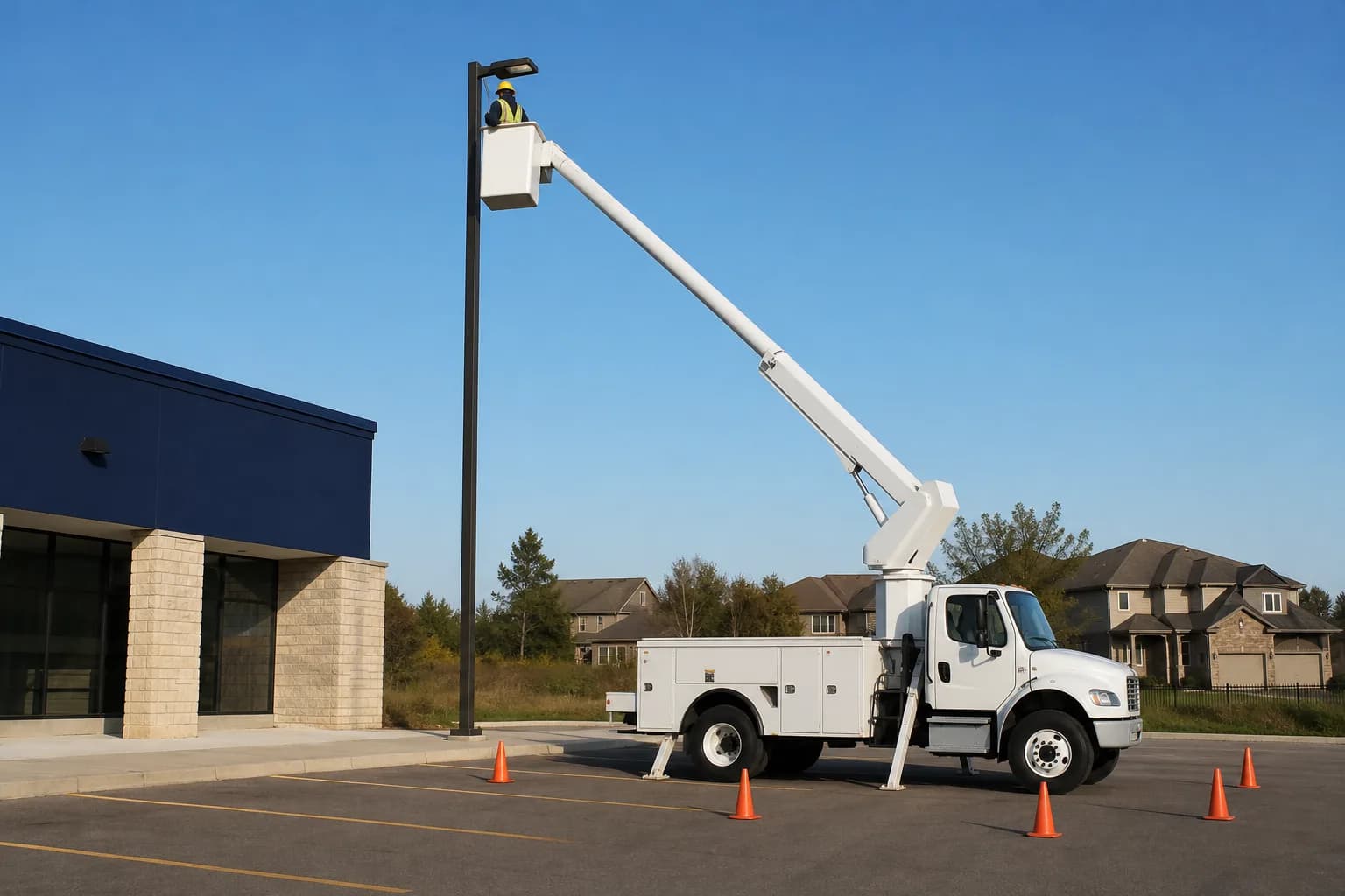 An electrician in a bucket truck services an LED light at the top of a parking-lot pole