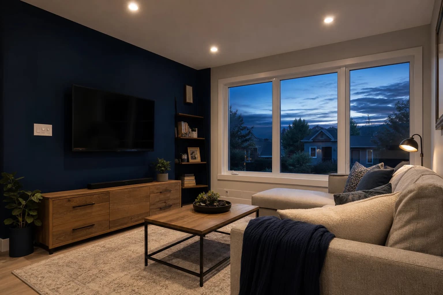 Recessed LED pot lights glow in the ceiling of a modern living room with a navy accent wall