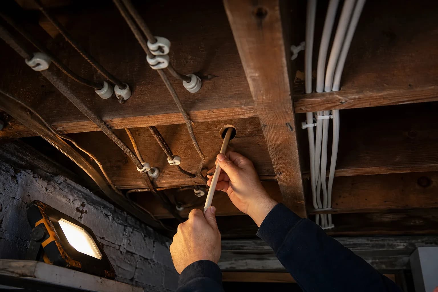 Old knob-and-tube wiring on ceramic knobs beside new cable being run through basement joists