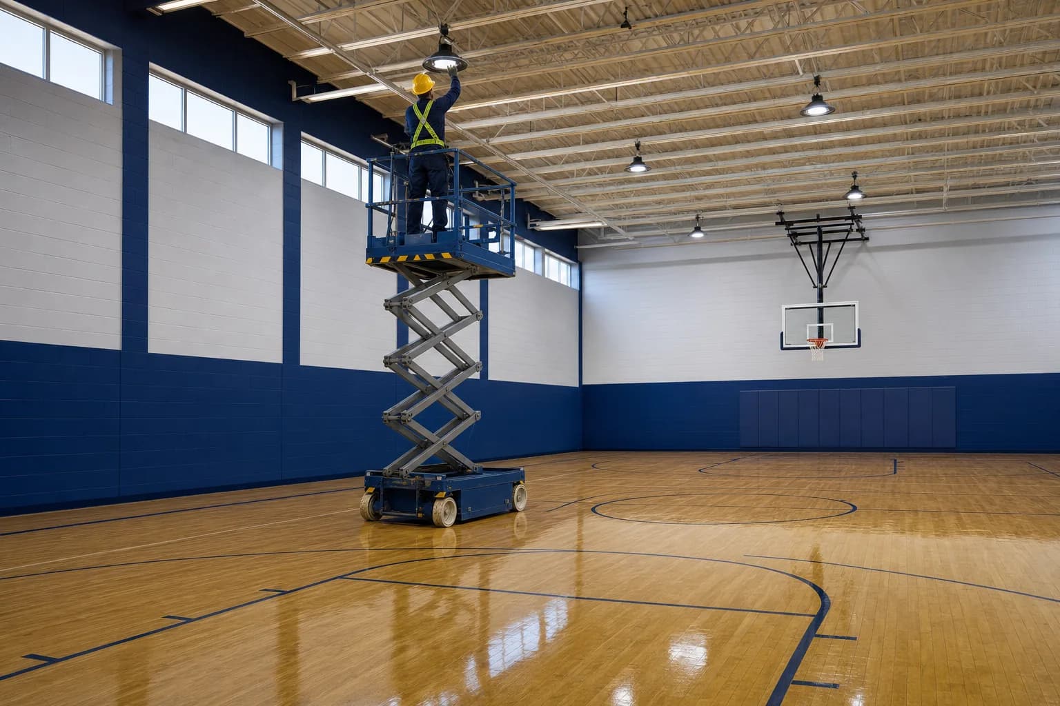 An electrician on a scissor lift replaces high-bay lights in an empty school gymnasium