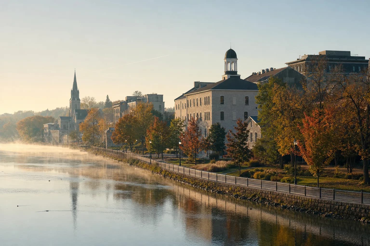Old grey limestone buildings along a river with autumn trees and morning mist