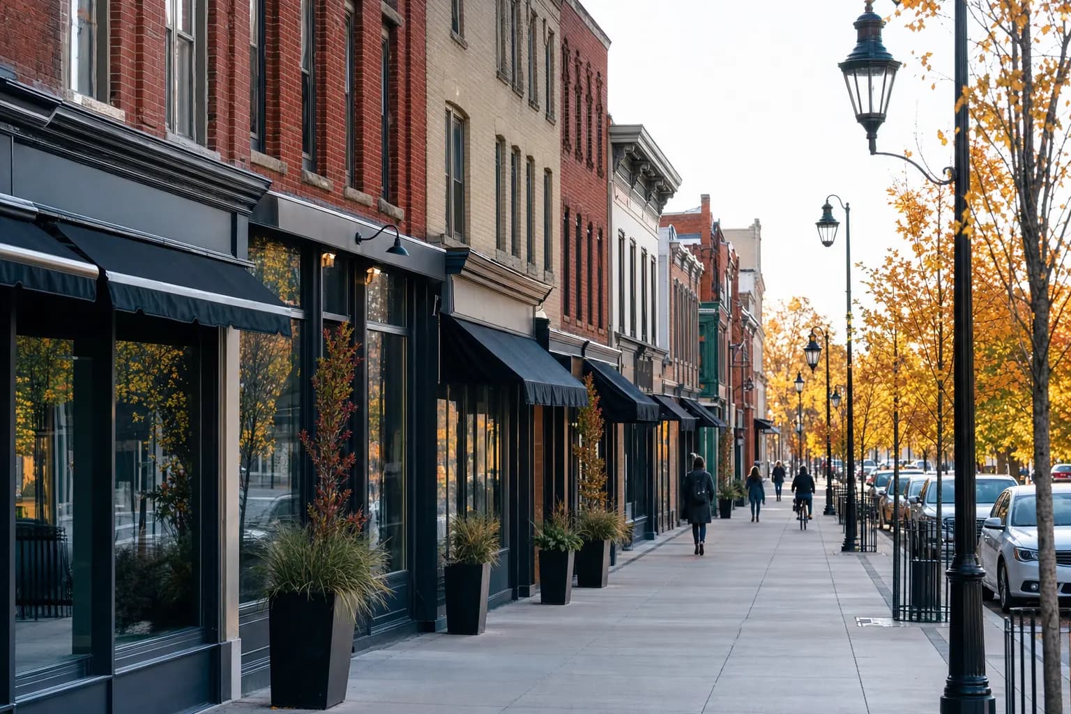 A brick downtown main street with old storefronts and autumn trees in a Southern Ontario city