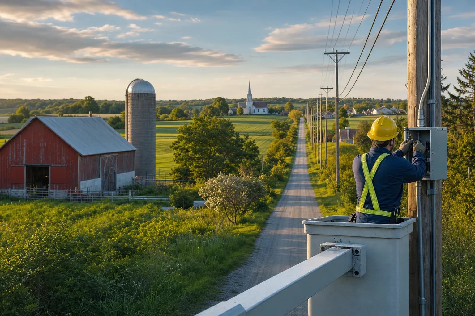Rolling farmland with a red bank barn, hydro poles along a gravel road and a village steeple in the distance