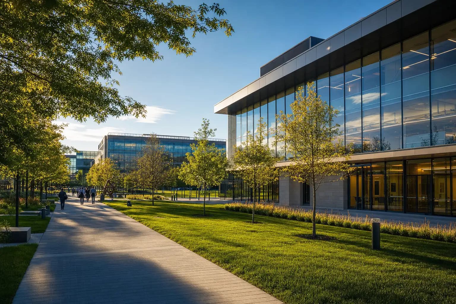 Modern glass office buildings along a tree-lined path on a tech campus in late-afternoon sun