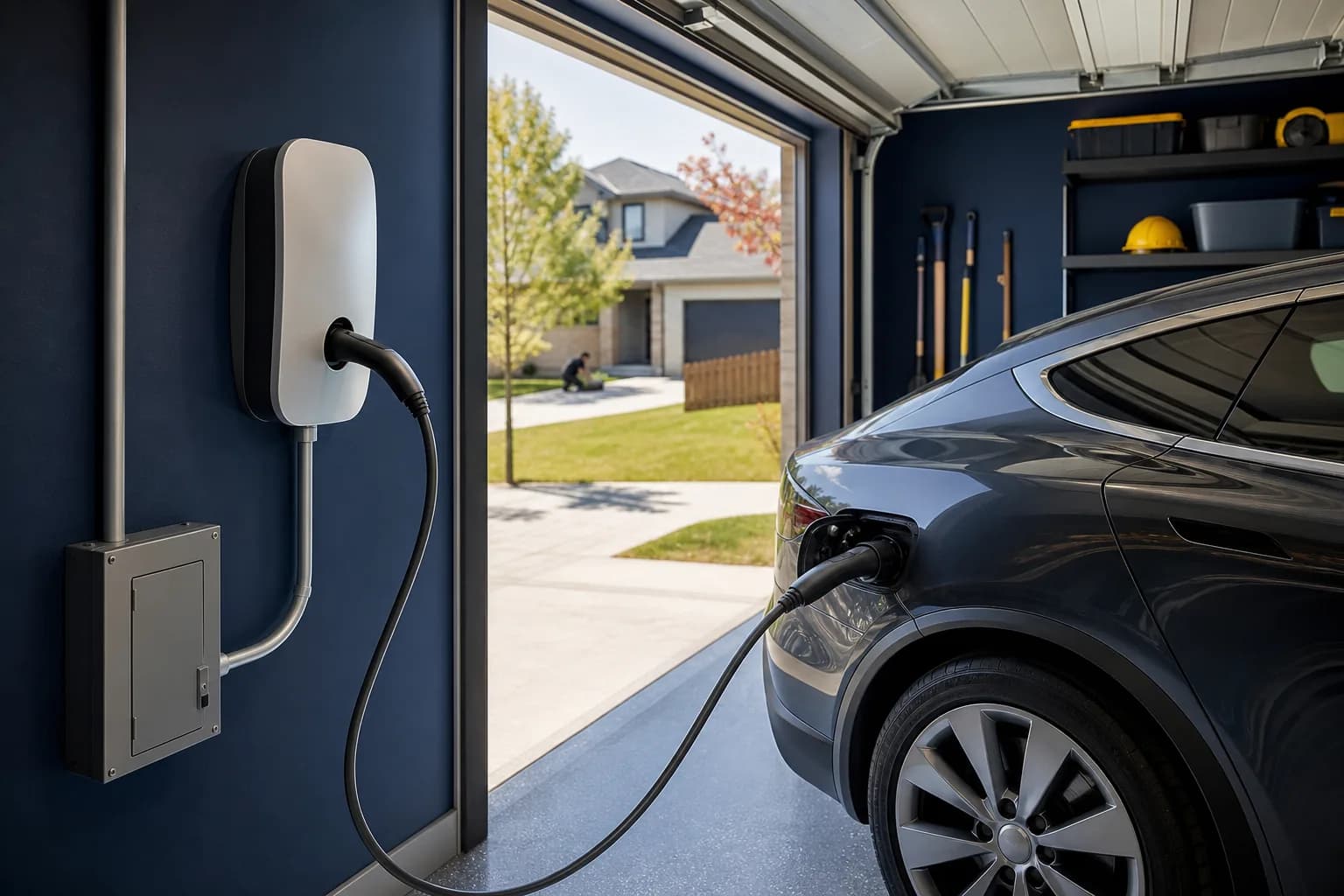 A wall-mounted Level 2 EV charger plugged into an electric car in a tidy home garage