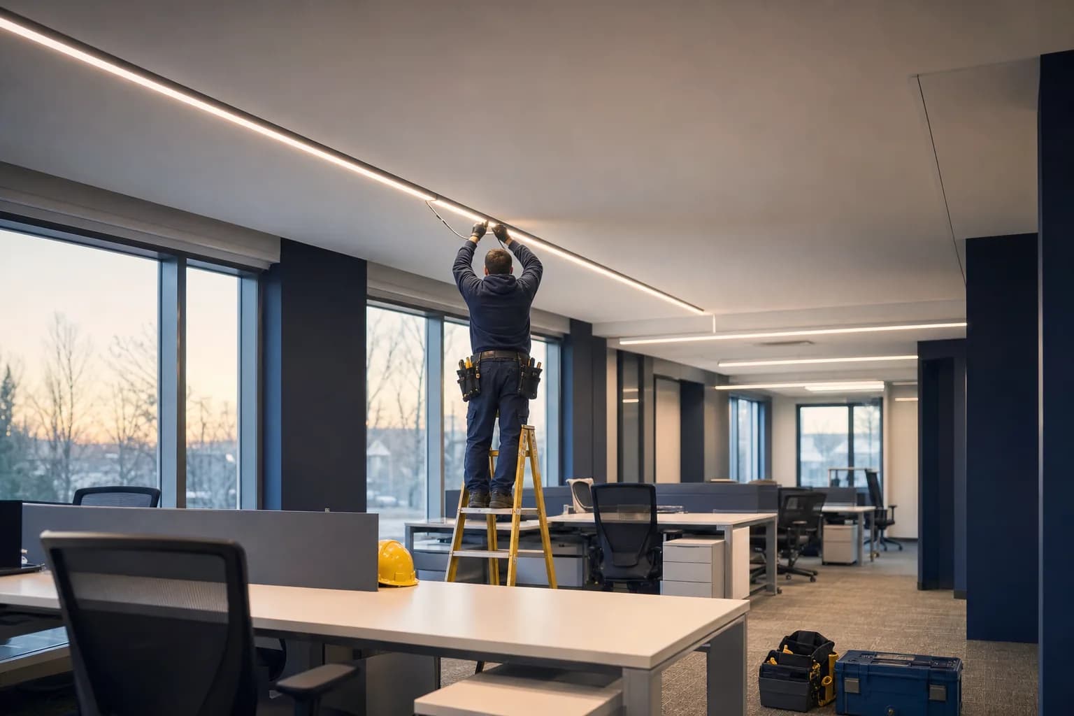 An electrician on a stepladder installs linear LED lighting in an empty open-plan office