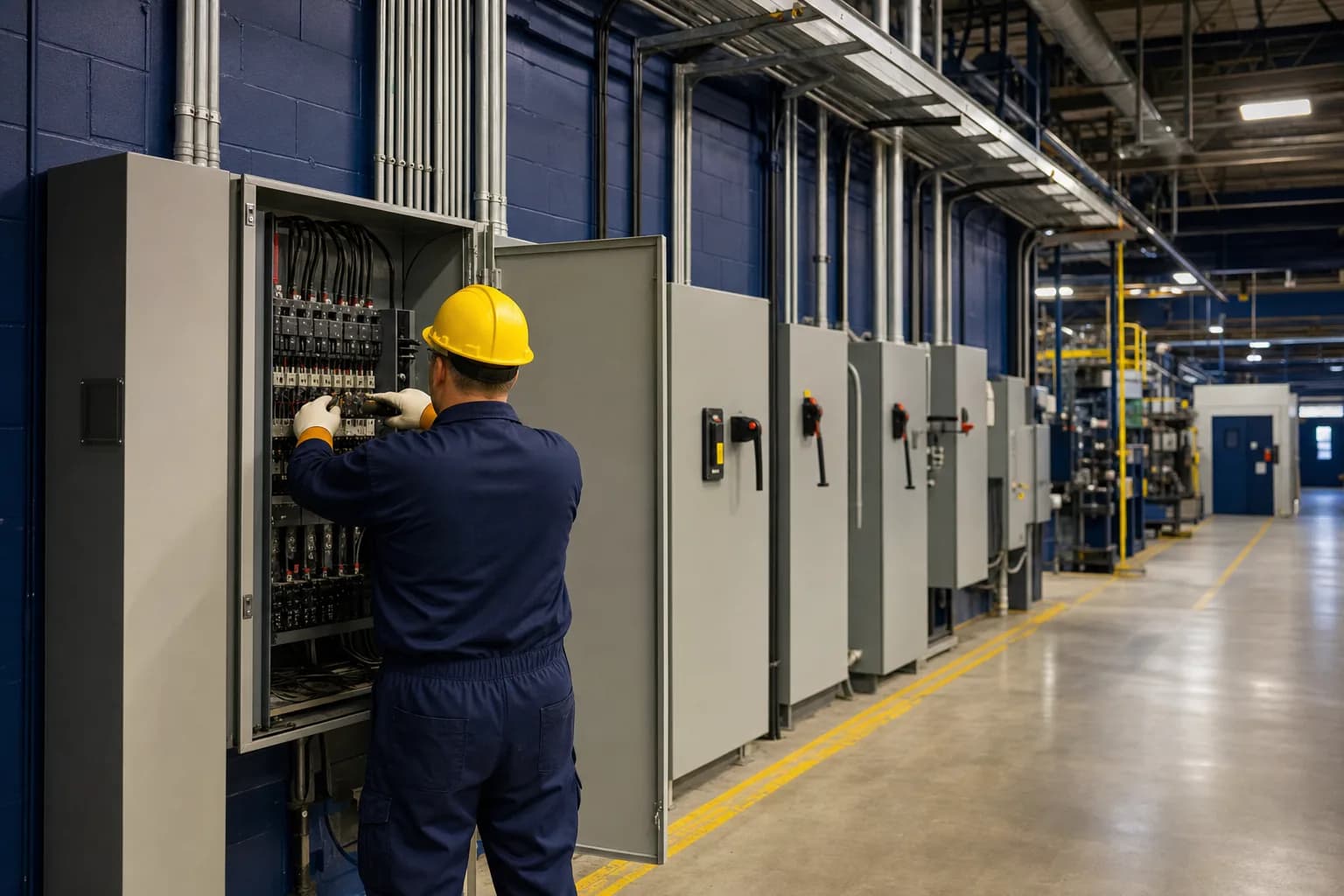 An electrician in a yellow hard hat works at an open distribution cabinet on a clean plant floor